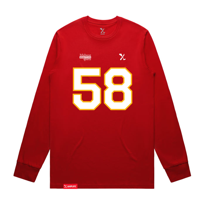 Front angle of the Jason Loftiss MAS Kansas City Wheelchair Football Amplife Red Long Sleeve T-Shirt against a white background