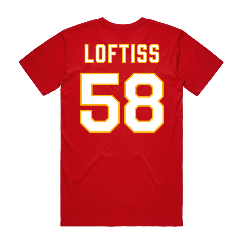 Back angle of the Jason Loftiss MAS Kansas City Wheelchair Football Amplife Red T-Shirt against a white background