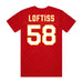 Back angle of the Jason Loftiss MAS Kansas City Wheelchair Football Amplife Red T-Shirt against a white background