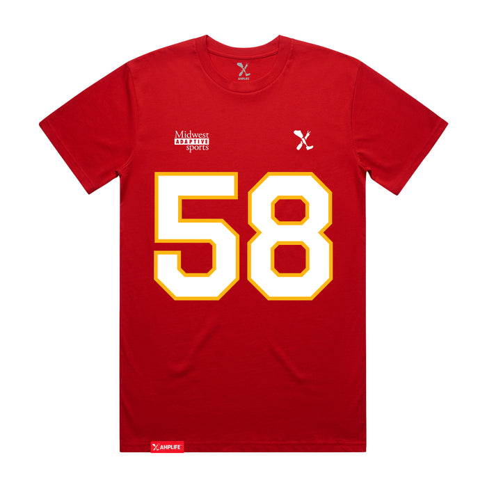 Front angle of the Jason Loftiss MAS Kansas City Wheelchair Football Amplife Red T-Shirt against a white background