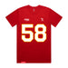Front angle of the Jason Loftiss MAS Kansas City Wheelchair Football Amplife Red T-Shirt against a white background