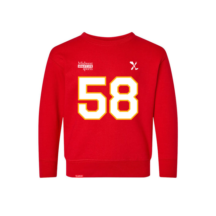 Front angle of the Jason Loftiss MAS Kansas City Wheelchair Football Amplife Toddler Red Crewneck Sweatshirt against a white background