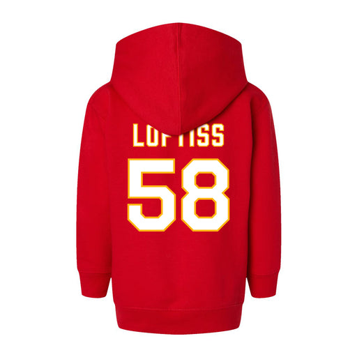 Back angle of the Jason Loftiss MAS Kansas City Wheelchair Football Amplife Toddler Red Hoodie against a white background