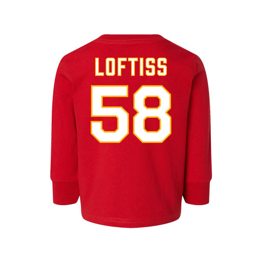 Back angle of the Jason Loftiss MAS Kansas City Wheelchair Football Amplife Toddler Red Long Sleeve T-Shirt against a white background