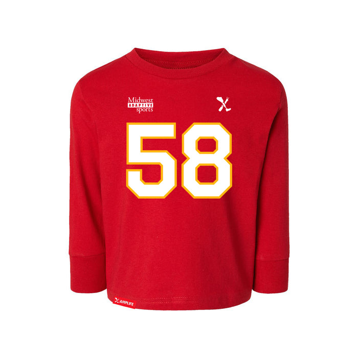 Front angle of the Jason Loftiss MAS Kansas City Wheelchair Football Amplife Toddler Red Long Sleeve T-Shirt against a white background