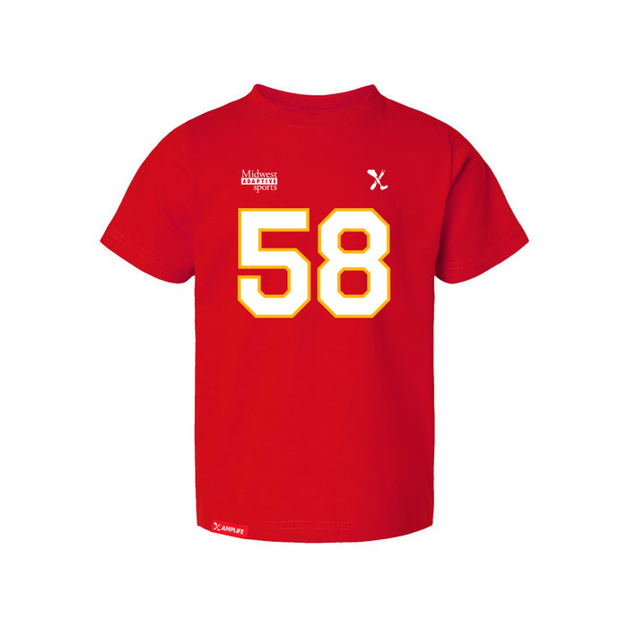Front angle of the Jason Loftiss MAS Kansas City Wheelchair Football Amplife Toddler Red T-Shirt against a white background