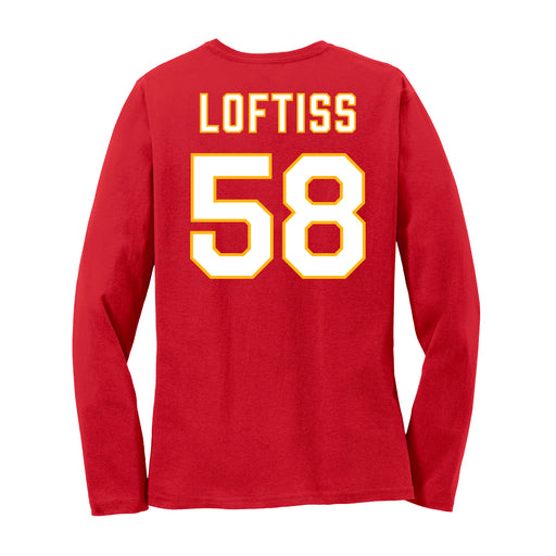 Back angle of the Jason Loftiss MAS Kansas City Wheelchair Football Amplife Women's Red Long Sleeve T-Shirt against a white background