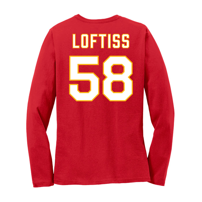 Back angle of the Jason Loftiss MAS Kansas City Wheelchair Football Amplife Women's Red Long Sleeve T-Shirt against a white background