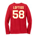 Back angle of the Jason Loftiss MAS Kansas City Wheelchair Football Amplife Women's Red Long Sleeve T-Shirt against a white background