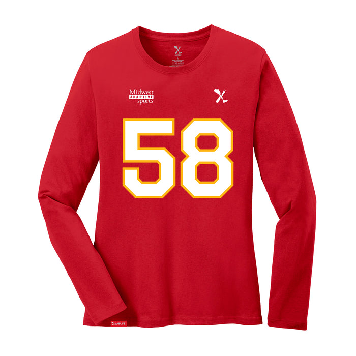 Front angle of the Jason Loftiss MAS Kansas City Wheelchair Football Amplife Women's Red Long Sleeve T-Shirt against a white background