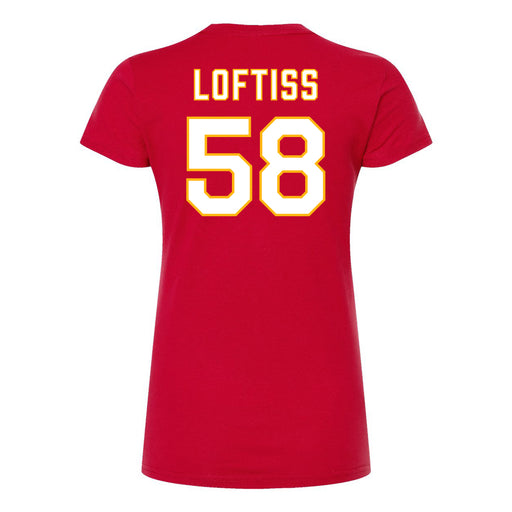 Back angle of the Jason Loftiss MAS Kansas City Wheelchair Football Amplife Women's Red Slim T-Shirt against a white background