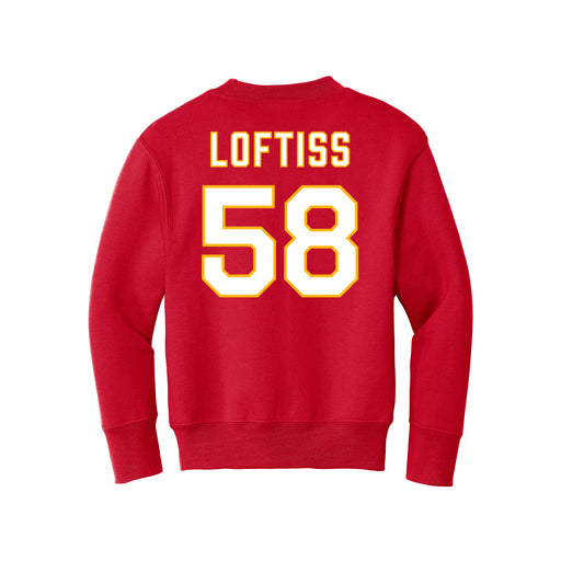 Back angle of the Jason Loftiss MAS Kansas City Wheelchair Football Amplife Youth Red Crewneck Sweatshirt against a white background