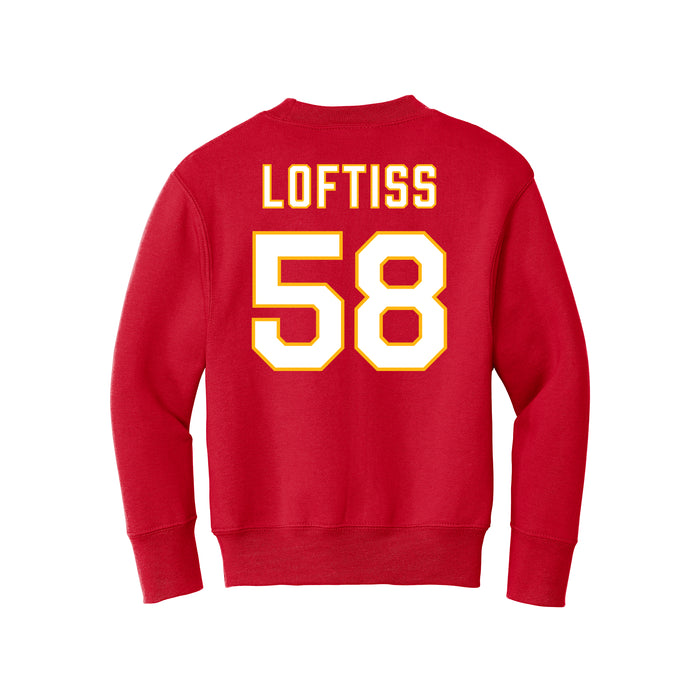 Back angle of the Jason Loftiss MAS Kansas City Wheelchair Football Amplife Youth Red Crewneck Sweatshirt against a white background
