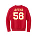 Back angle of the Jason Loftiss MAS Kansas City Wheelchair Football Amplife Youth Red Crewneck Sweatshirt against a white background