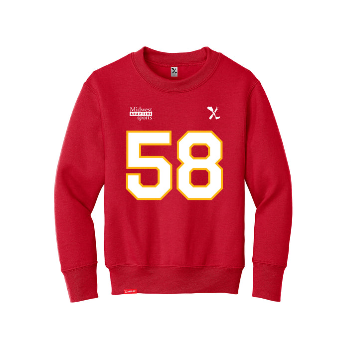 Front angle of the Jason Loftiss MAS Kansas City Wheelchair Football Amplife Youth Red Crewneck Sweatshirt against a white background