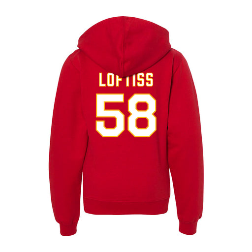Back angle of the Jason Loftiss MAS Kansas City Wheelchair Football Amplife Youth Red Hoodie against a white background
