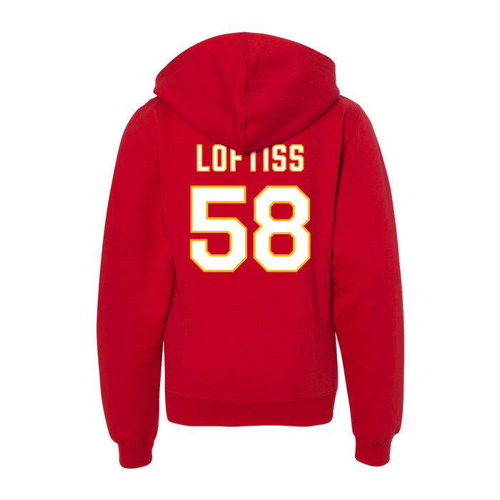 Back angle of the Jason Loftiss MAS Kansas City Wheelchair Football Amplife Youth Red Hoodie against a white background