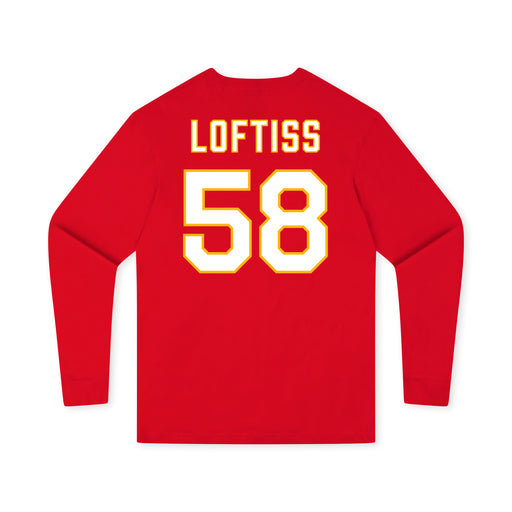 Back angle of the Jason Loftiss MAS Kansas City Wheelchair Football Amplife Youth Red Long Sleeve T-Shirt against a white background