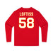 Back angle of the Jason Loftiss MAS Kansas City Wheelchair Football Amplife Youth Red Long Sleeve T-Shirt against a white background