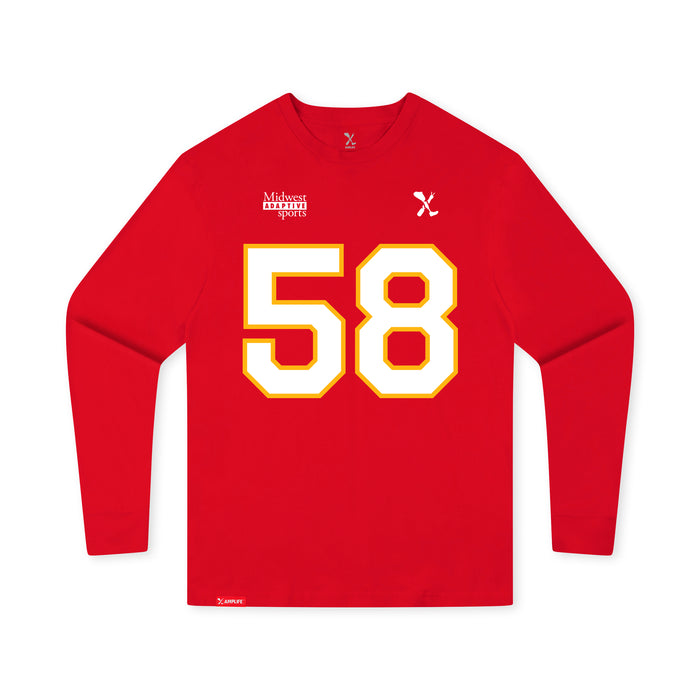 Front angle of the Jason Loftiss MAS Kansas City Wheelchair Football Amplife Youth Red Long Sleeve T-Shirt against a white background