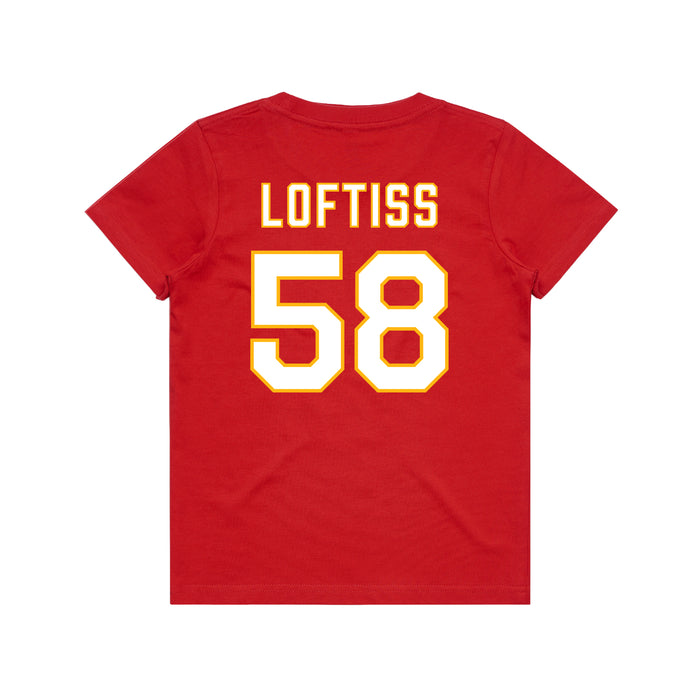 Back angle of the Jason Loftiss MAS Kansas City Wheelchair Football Amplife Youth Red T-Shirt against a white background