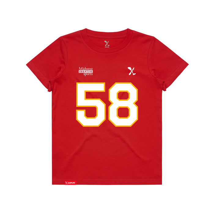 Front angle of the Jason Loftiss MAS Kansas City Wheelchair Football Amplife Youth Red T-Shirt against a white background