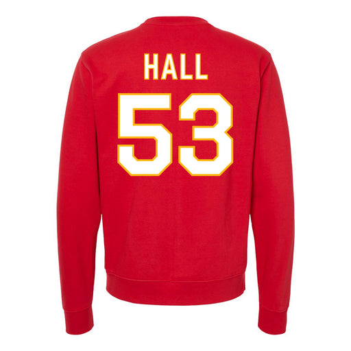 Back angle of the Jerry Hall MAS Kansas City Wheelchair Football Amplife Red Crewneck Sweatshirt against a white background