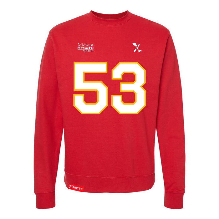 Front angle of the Jerry Hall MAS Kansas City Wheelchair Football Amplife Red Crewneck Sweatshirt against a white background
