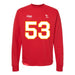 Front angle of the Jerry Hall MAS Kansas City Wheelchair Football Amplife Red Crewneck Sweatshirt against a white background
