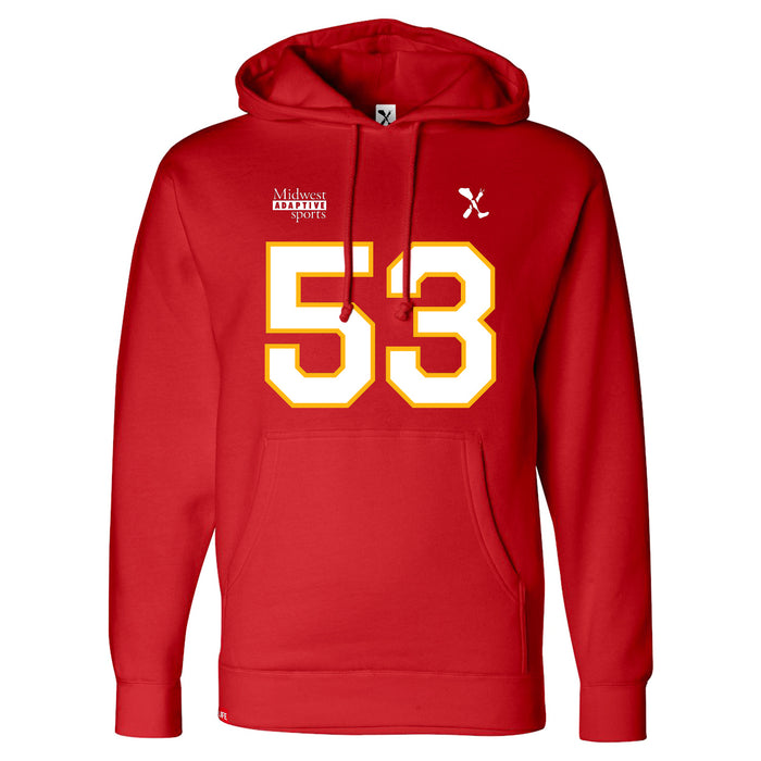 Front angle of the Jerry Hall MAS Kansas City Wheelchair Football Amplife Red Hoodie against a white background