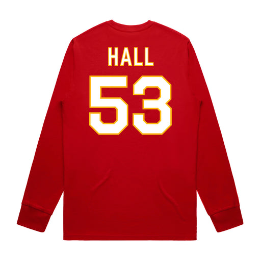 Back angle of the Jerry Hall MAS Kansas City Wheelchair Football Amplife Red Long Sleeve T-Shirt against a white background