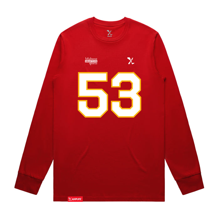 Front angle of the Jerry Hall MAS Kansas City Wheelchair Football Amplife Red Long Sleeve T-Shirt against a white background
