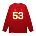 Front angle of the Jerry Hall MAS Kansas City Wheelchair Football Amplife Red Long Sleeve T-Shirt against a white background