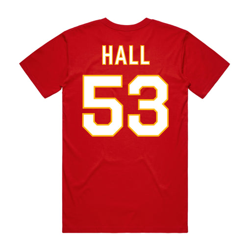 Back angle of the Jerry Hall MAS Kansas City Wheelchair Football Amplife Red T-Shirt against a white background