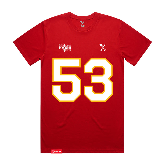 Front angle of the Jerry Hall MAS Kansas City Wheelchair Football Amplife Red T-Shirt against a white background