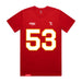 Front angle of the Jerry Hall MAS Kansas City Wheelchair Football Amplife Red T-Shirt against a white background