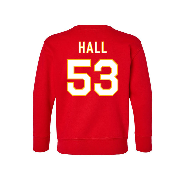 Back angle of the Jerry Hall MAS Kansas City Wheelchair Football Amplife Toddler Red Crewneck Sweatshirt against a white background