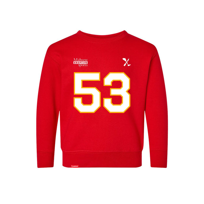 Front angle of the Jerry Hall MAS Kansas City Wheelchair Football Amplife Toddler Red Crewneck Sweatshirt against a white background