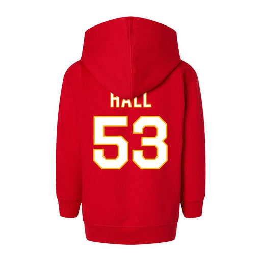 Back angle of the Jerry Hall MAS Kansas City Wheelchair Football Amplife Toddler Red Hoodie against a white background