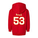 Back angle of the Jerry Hall MAS Kansas City Wheelchair Football Amplife Toddler Red Hoodie against a white background