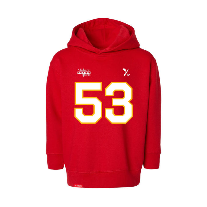 Front angle of the Jerry Hall MAS Kansas City Wheelchair Football Amplife Toddler Red Hoodie against a white background