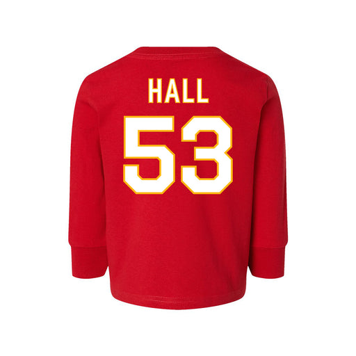 Back angle of the Jerry Hall MAS Kansas City Wheelchair Football Amplife Toddler Red Long Sleeve T-Shirt against a white background