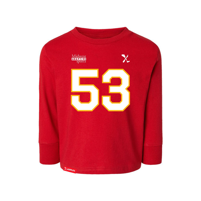 Front angle of the Jerry Hall MAS Kansas City Wheelchair Football Amplife Toddler Red Long Sleeve T-Shirt against a white background