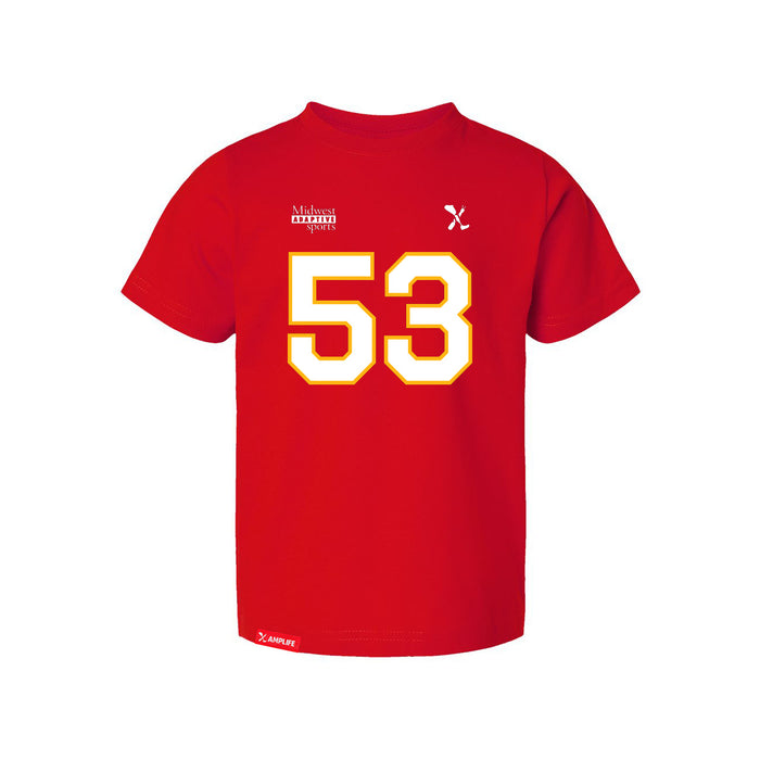 Front angle of the Jerry Hall MAS Kansas City Wheelchair Football Amplife Toddler Red T-Shirt against a white background