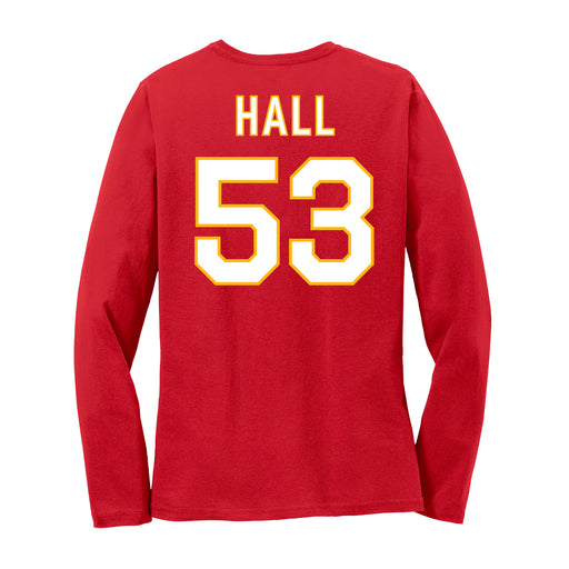 Back angle of the Jerry Hall MAS Kansas City Wheelchair Football Amplife Women's Red Long Sleeve T-Shirt against a white background