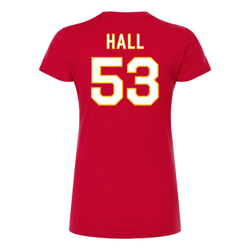 Back angle of the Jerry Hall MAS Kansas City Wheelchair Football Amplife Women's Red Slim T-Shirt against a white background