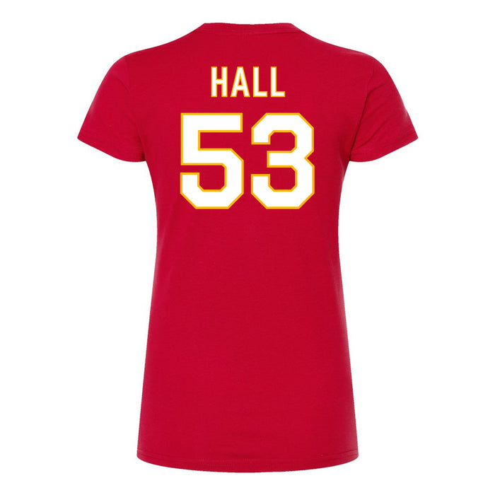 Back angle of the Jerry Hall MAS Kansas City Wheelchair Football Amplife Women's Red Slim T-Shirt against a white background