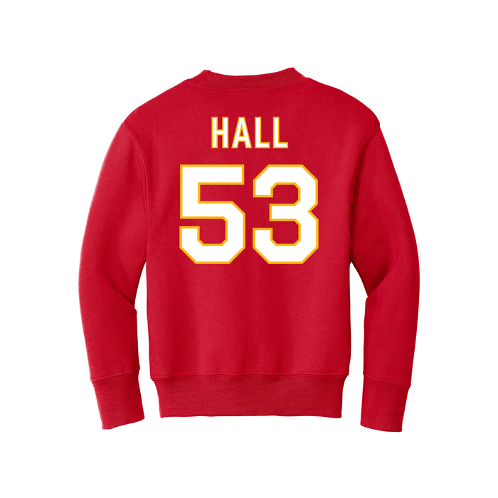 Back angle of the Jerry Hall MAS Kansas City Wheelchair Football Amplife Youth Red Crewneck Sweatshirt against a white background