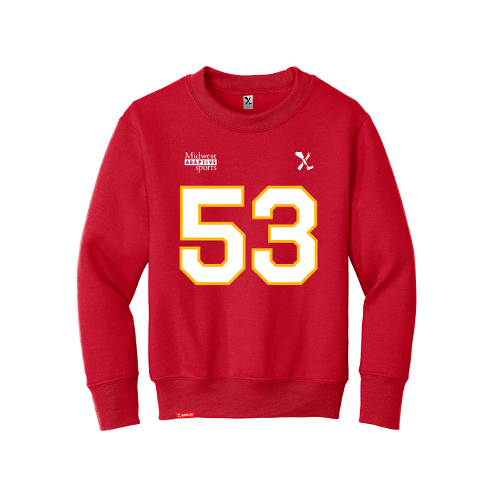 Front angle of the Jerry Hall MAS Kansas City Wheelchair Football Amplife Youth Red Crewneck Sweatshirt against a white background