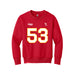 Front angle of the Jerry Hall MAS Kansas City Wheelchair Football Amplife Youth Red Crewneck Sweatshirt against a white background